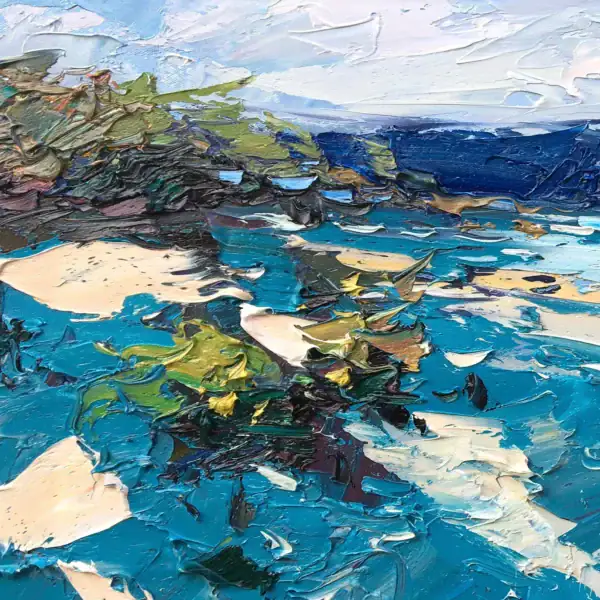 Macro detail of the coastal rocks and shoreline in a modern impressionist seascape, showing thick palette knife strokes and deep blue textures.