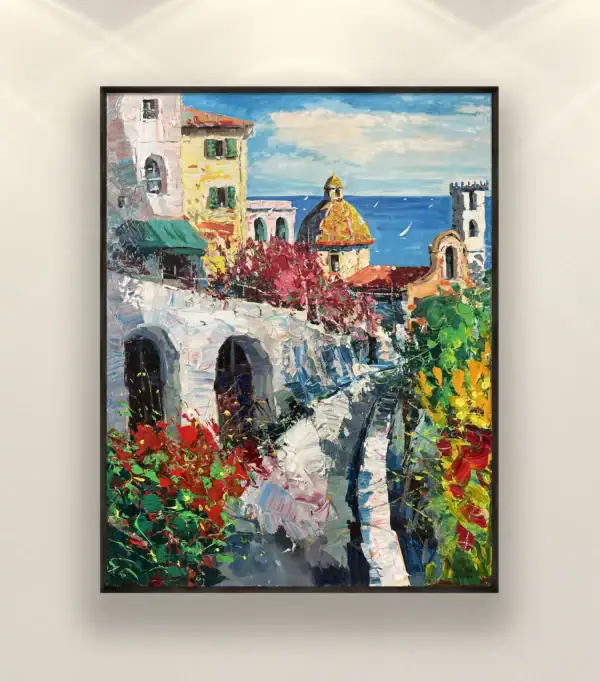 Beautifully lit vertical Mediterranean scenery oil painting focused on a gallery wall, showing how it brings a bright, sunny, and exclusive Italian atmosphere into a room.