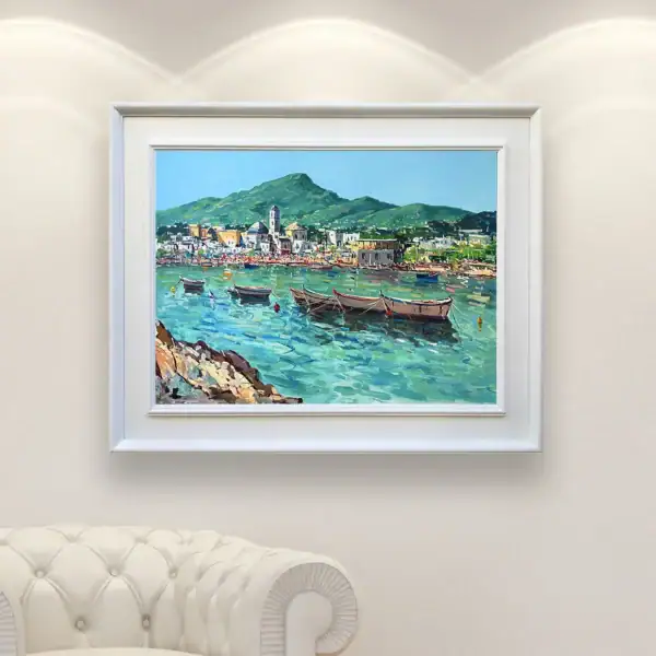 Large framed Mediterranean scenery oil painting displayed beautifully to add a sunny, exclusive island atmosphere to a sophisticated contemporary living space.