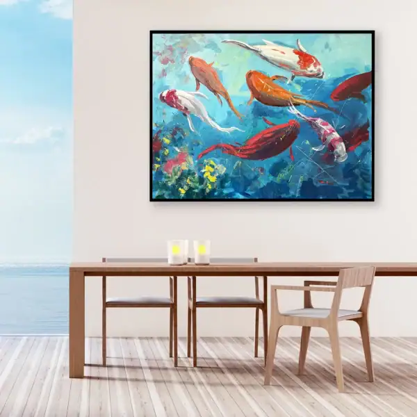 Large horizontal koi fish scenery oil painting displayed beautifully in a minimalist dining area, showing how it brings dynamic energy and a colorful atmosphere into a luxury home.
