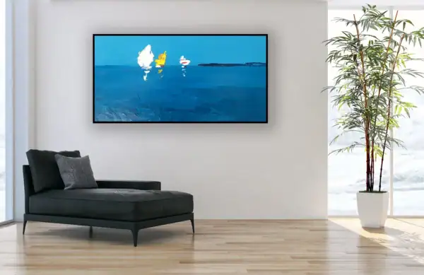 The original maritime oil painting displayed as an elegant focal point in a contemporary room next to a black chaise longue and a tall plant.