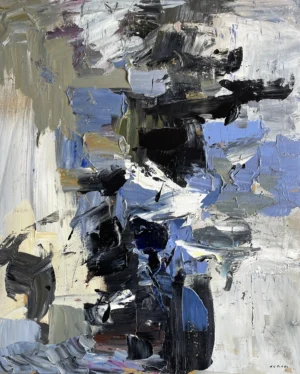 A framed vertical original abstract black and violet painting on canvas by Agostino Veroni, featuring energetic black, white, and lavender violet heavy impasto layers.