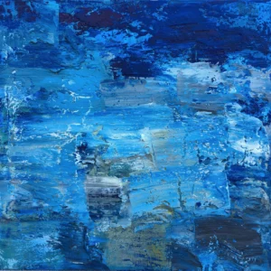 A square original abstract oil painting on canvas by Agostino Veroni, featuring a heavily textured composition in shades of blue, turquoise, and white impasto.