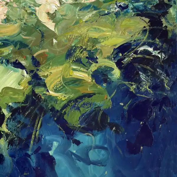 Close-up macro view focusing on the deep blue tones and heavy impasto palette knife layers on the lower section of the canvas.