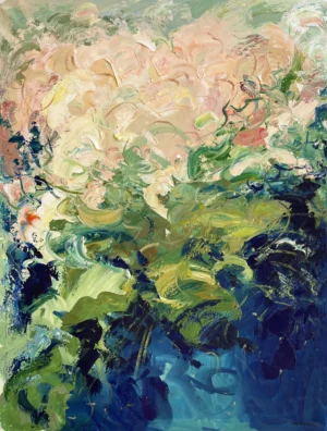 A vertical original abstract floral oil painting on canvas by Agostino Veroni, featuring textured pink and cream blossoms fading into deep blue and green tones.