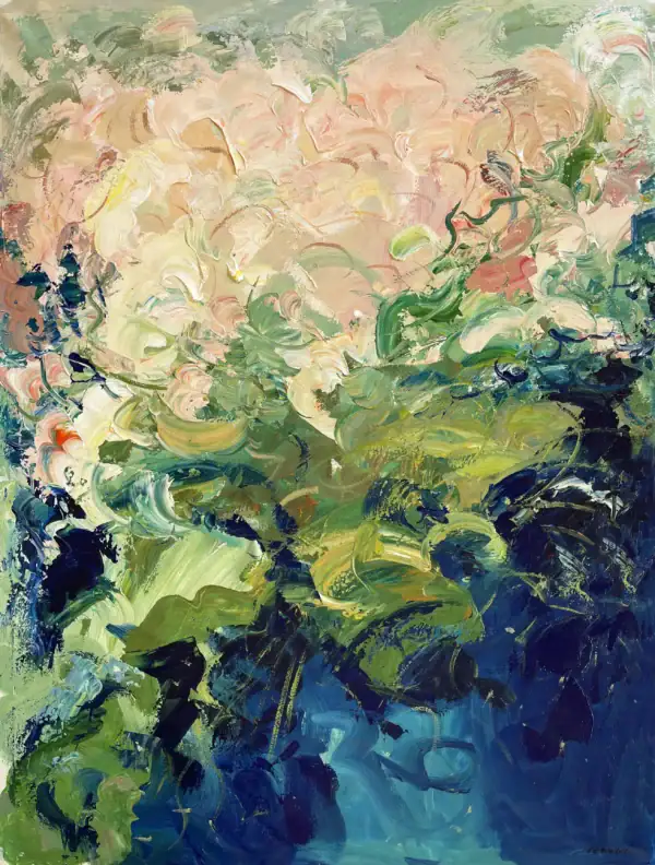 A vertical original abstract floral oil painting on canvas by Agostino Veroni, featuring textured pink and cream blossoms fading into deep blue and green tones.