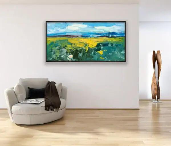 A large original abstract landscape oil painting by Agostino Veroni hanging in a modern, minimalist living room above a stylish grey armchair, showcasing a high-end interior design look.