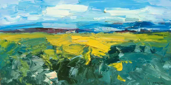 A vibrant original abstract landscape oil painting by Agostino Veroni, featuring energetic strokes of golden yellow and green oil paint in a heavy impasto palette knife style.