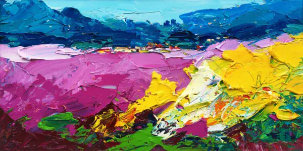 A horizontal original abstract landscape oil painting by Agostino Veroni, featuring a vibrant field of textured lavender and sunflowers under a blue sky, created with heavy impasto.