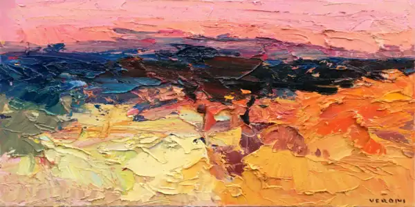 A horizontal original abstract landscape oil painting by Agostino Veroni, featuring a soft pink sky and a highly textured foreground in earthy ocher and orange tones, created with a heavy impasto palette knife.