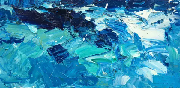 A horizontal original abstract ocean oil painting by Agostino Veroni, featuring a dynamic composition of deep turquoise, green, and cobalt blue waves with heavy impasto.