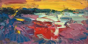 A horizontal original abstract oil painting by Agostino Veroni, featuring bold red and yellow tones in an abstract expressionist style with heavy texture.
