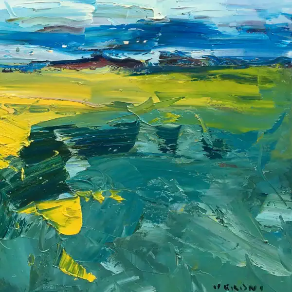 Macro shot of the heavy impasto texture and the artist's signature on an original abstract landscape oil painting by Agostino Veroni.