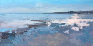 A large horizontal original abstract sunset ocean painting by Agostino Veroni, showing a misty silver and slate blue seascape with heavy impasto palette knife texture and sunset reflections.