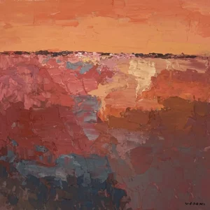 A square original abstract textured oil painting on canvas by Agostino Veroni, featuring layered terracotta, pink, and dark grey heavy impasto paint strokes.