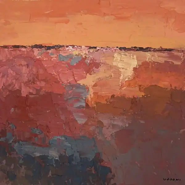 A square original abstract textured oil painting on canvas by Agostino Veroni, featuring layered terracotta, pink, and dark grey heavy impasto paint strokes.