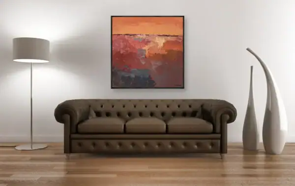 The sophisticated tactile artwork displayed elegantly over a rich brown leather Chesterfield sofa, complementing an earthy decor palette.