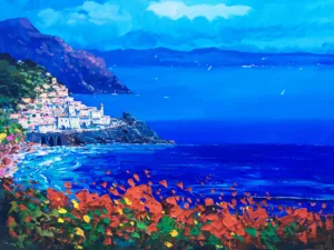 A horizontal original Amalfi coast oil painting on canvas by Agostino Veroni, featuring a textured view of the white cliffside village with vibrant red and orange flowers and heavy impasto.