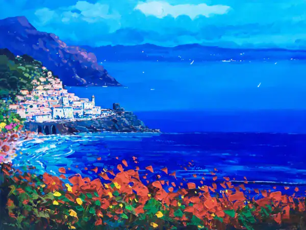 A horizontal original Amalfi coast oil painting on canvas by Agostino Veroni, featuring a textured view of the white cliffside village with vibrant red and orange flowers and heavy impasto.