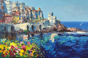 A horizontal original Amalfi coastline oil painting on canvas by Agostino Veroni, featuring a textured view of a historic coastal watchtower and colorful village houses with heavy impasto.