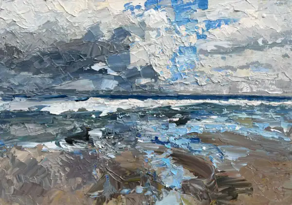 A horizontal original beach clouds oil painting on canvas by Agostino Veroni, featuring a textured view of a sandy shore under an impressive sky with white and grey clouds in heavy impasto.