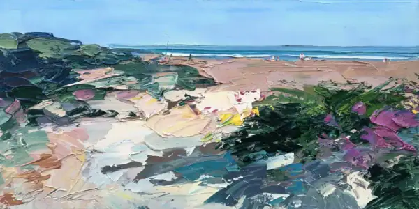 A horizontal original oil painting of a beach landscape by Agostino Veroni, with textured dunes in the foreground and a blue sea in the distance, created with a palette knife.