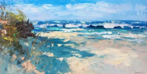 A large horizontal original beach oil painting by Agostino Veroni, showing a bright sandy shore and turquoise waves breaking against rocks with heavy impasto texture.