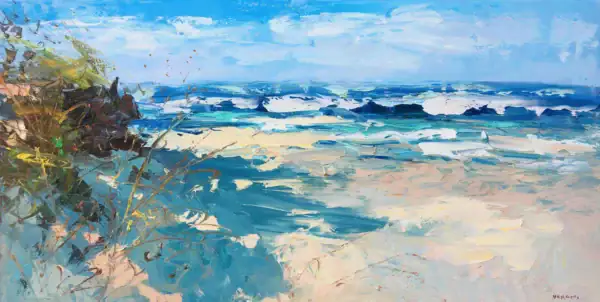 A large horizontal original beach oil painting by Agostino Veroni, showing a bright sandy shore and turquoise waves breaking against rocks with heavy impasto texture.