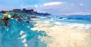 A horizontal original beach oil painting by Agostino Veroni, featuring a white sandy shore and turquoise waves in a modern palette knife art style.