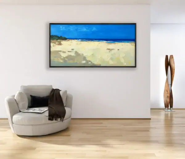 The original beach seascape by Agostino Veroni displayed in a minimalist interior, acting as a bright and elegant focal point.