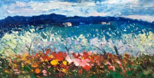 A large horizontal original blossoms landscape oil painting by Agostino Veroni, featuring colorful wildflowers, white blooming trees, and deep blue hills with heavy impasto.