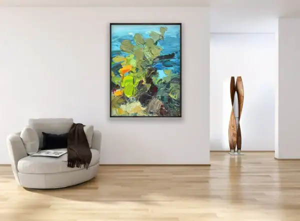 The vertical original botanical artwork framed in black, displayed elegantly on a crisp white wall in a bright, modern interior design setting.