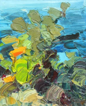 A vertical original cactus oil painting on canvas by Agostino Veroni, featuring a textured green prickly pear cactus with heavy impasto paint strokes against a blue sky.
