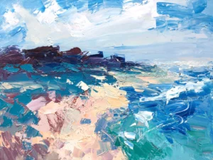 A framed horizontal original coastal Italy oil painting on canvas by Agostino Veroni, featuring crashing turquoise and emerald waves against a textured rocky shore with heavy impasto.