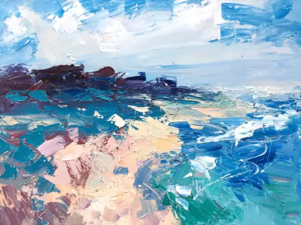 A framed horizontal original coastal Italy oil painting on canvas by Agostino Veroni, featuring crashing turquoise and emerald waves against a textured rocky shore with heavy impasto.