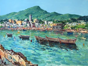 A horizontal original Ischia Porto oil painting on canvas by Agostino Veroni, featuring a textured view of fishing boats in the harbor with a coastal village and green mountains in heavy impasto.
