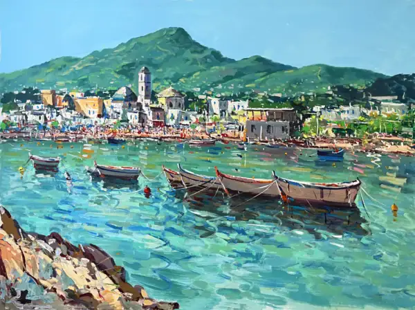 A horizontal original Ischia Porto oil painting on canvas by Agostino Veroni, featuring a textured view of fishing boats in the harbor with a coastal village and green mountains in heavy impasto.