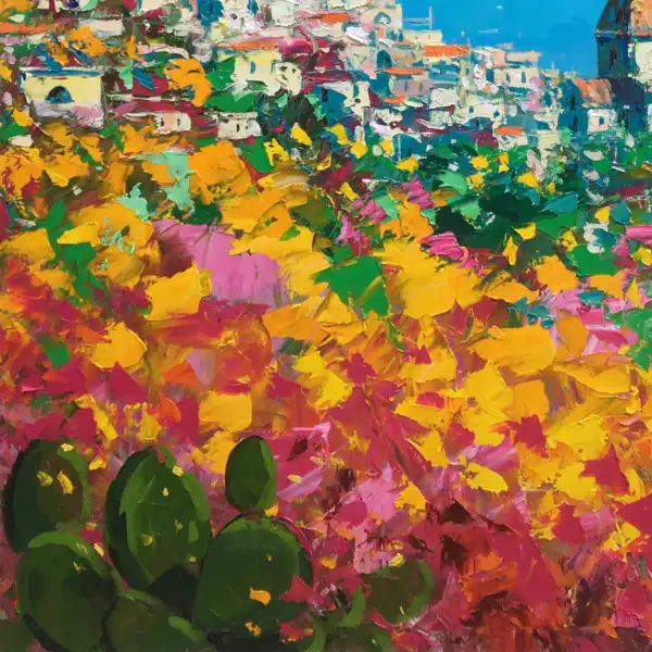 Detailed macro of the prickly pears in the foreground of the Positano painting, showing the energetic strokes and the three-dimensional quality of the heavy impasto technique.