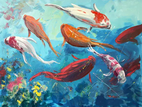 A horizontal original koi fish oil painting on canvas by Agostino Veroni, featuring a textured view of vibrant red and orange carps swimming in heavy impasto turquoise water.