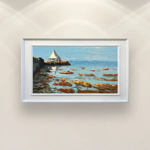 An original Livorno seascape oil painting on wood panel, elegantly framed and displayed as premium wall art in a modern luxury home interior.