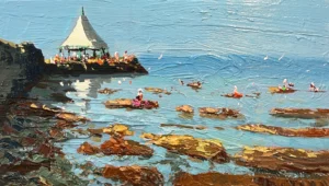 An original Livorno seascape oil painting on wood panel by Agostino Veroni, depicting the Scoglietto coastal pavilion with rocks and clear blue water in heavy impasto.