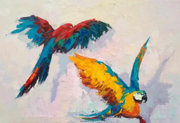 A horizontal original macaw parrots oil painting on canvas by Agostino Veroni, featuring two colorful flying tropical birds with heavy impasto.