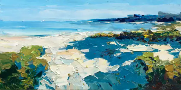A large horizontal original Mediterranean coast oil painting on canvas by Agostino Veroni, featuring a sunny shoreline with sand, green vegetation, rocks, and heavy impasto.