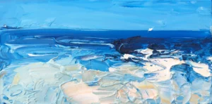 A horizontal original ocean oil painting by Agostino Veroni, depicting a deep blue sea and a textured light coast in a modern abstract seascape style.
