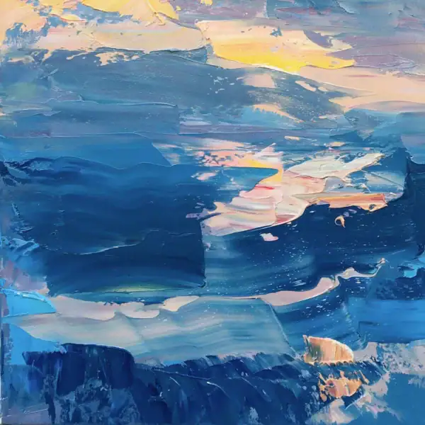Close-up macro view focusing on the deep blue waves and heavy impasto palette knife strokes on the lower ocean surface.