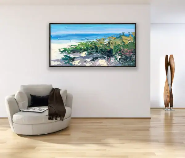 The horizontal original oil painting featuring a Mediterranean coastal view, displayed as a sophisticated focal point in a contemporary interior.