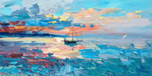 A large horizontal original pastel sunset oil painting by Agostino Veroni, showcasing a calm sea with a sailboat under a soft pink, orange, and blue sky with heavy impasto texture.