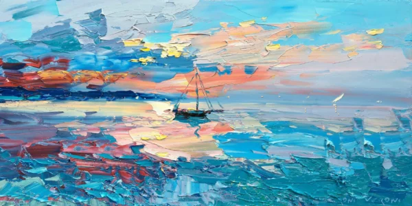 A large horizontal original pastel sunset oil painting by Agostino Veroni, showcasing a calm sea with a sailboat under a soft pink, orange, and blue sky with heavy impasto texture.