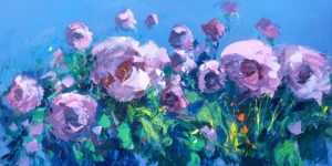 A large horizontal original oil painting of pink and purple peonies by Agostino Veroni, featuring heavy texture against a bright blue sky.