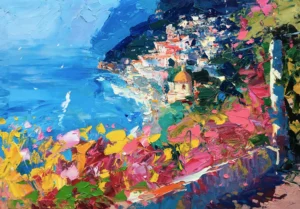 A horizontal original Positano coast oil painting on canvas by Agostino Veroni, featuring a textured view of the cliffside village with vibrant bougainvillea flowers and heavy impasto.